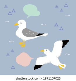 Hand-drawn style illustration of cute seagulls