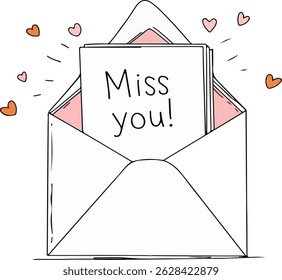 A hand-drawn style illustration of an envelope containing a 'Miss you!' note, surrounded by floating hearts.
