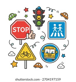 A handdrawn style illustration featuring various transportation icons such as car and bus alongside road signs, suitable for children education or safety awareness.	