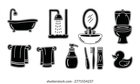 A hand-drawn style illustration featuring various bathroom elements like a tub, shower, toilet, sink, and accessories.