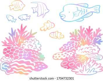 Hand-drawn style illustration set of coral reef and tropical fish (gradient)