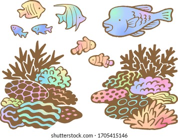 Hand-drawn style illustration set of coral reef and tropical fish