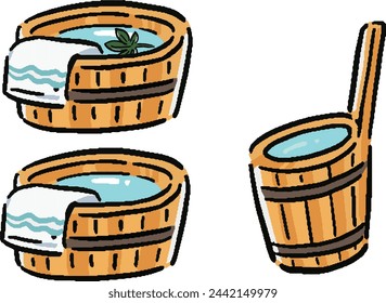 Hand-drawn style illustration set of hot spring bath tub and hand bucket

