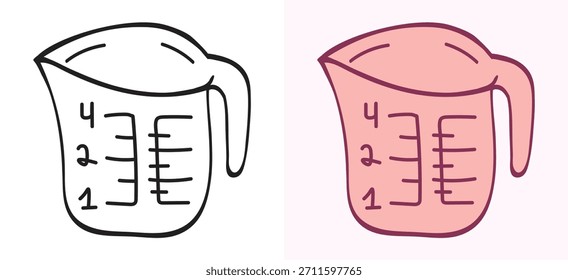 Conjunto de ilustración de estilo dibujado a mano de una taza medidora con marcas, con bosquejos de contorno y versiones de colores. Doodle gráfico para cocina y panadería.