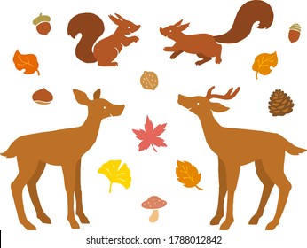 Hand-drawn style illustration set of pairs of deer and squirrels, various autumn leaves and tree nuts