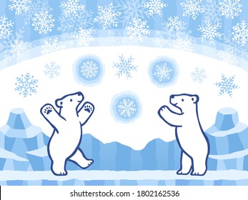 Ilustración de estilo dibujada a mano de dos osos polares de pie y fondo de nieve y hielo
