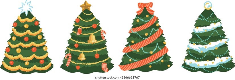 Hand-drawn style illustration set of various colorful Christmas trees A