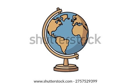 Hand-drawn style illustration of a terrestrial globe on a stand, showcasing the Earth's continents and oceans, symbolizing geography, education, and global connectivity