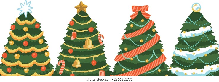 Hand-drawn style illustration of various colorful Christmas trees, simple background
