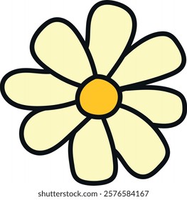 Hand-drawn style illustration of a white daisy with a yellow center. Represents simplicity, nature, and a touch of artful whimsy.