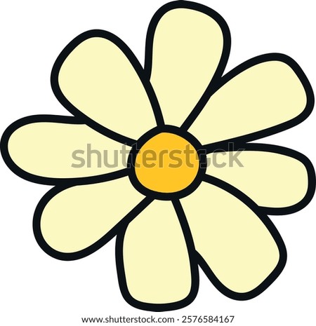 Hand-drawn style illustration of a white daisy with a yellow center. Represents simplicity, nature, and a touch of artful whimsy.