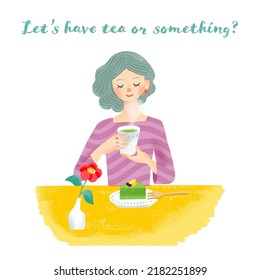 Hand-drawn style illustration of a woman enjoying matcha cake and green tea