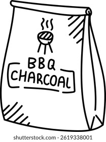 A hand-drawn style image of a BBQ charcoal bag with grill icon. The packaging is depicted in a simple line art format. Cartoon vector illustration.