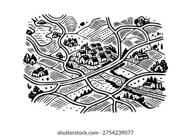 Hand-drawn style map of a charming rural village with homes, winding roads, and agricultural fields. Black and white illustration.