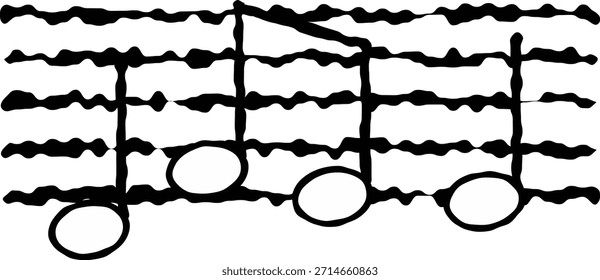 Notas musicales de estilo dibujadas a mano en líneas texturizadas de pentagrama Ilustración vectorial en blanco y negro.
