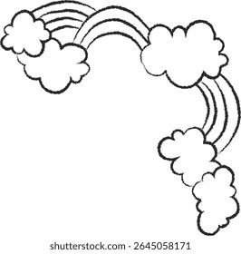 A hand-drawn style rainbow arches through fluffy clouds. Curved lines and cloud shapes create a whimsical corner element. Cartoon vector illustration.