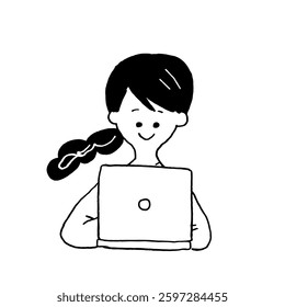 hand-drawn style remote work woman using computer vector monochrome pop