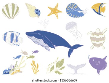 Hand-drawn style sea creatures illustration set