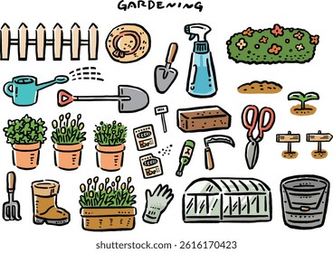 Hand-drawn style simple illustration set for gardening