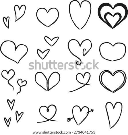 Hand-drawn style simple monochrome heart illustration set