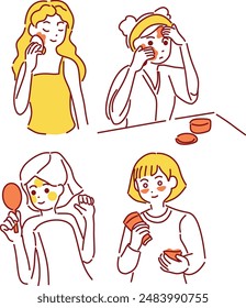 Hand-Drawn Style Skincare Routine Illustrations Featuring Women in Various Facial Care Activities