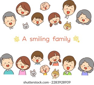 Hand-drawn style, smiling family and pets