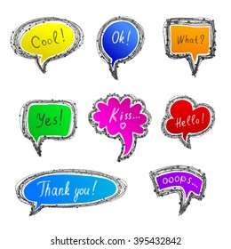 Hand-drawn style speech bubbles. With different  inscription: "Cool!", "Ok!", "Yes!", "What?", "Kiss...", "Hello!", "Thank you!", "Ooops..." 