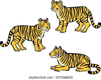 Hand-drawn style tiger illustration set (standing, lying down)