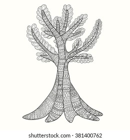 Hand-drawn style tree zentangl. Monochrome range. Vector graphics.