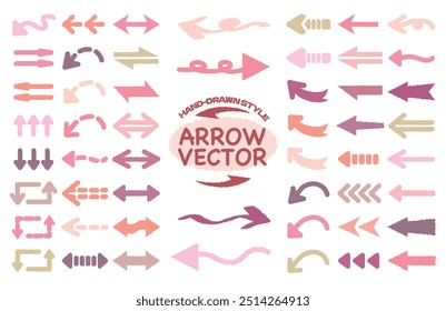 Dibujado a mano variedad de estilo de Vector de flecha. Doodle mega conjunto de flecha de boceto para el Plan de negocios y la educación. Ilustración plana del icono de Yajirushi. Línea, Punto, Ronda, Círculo. Flechas de estilo de dibujos animados. Cepillo.