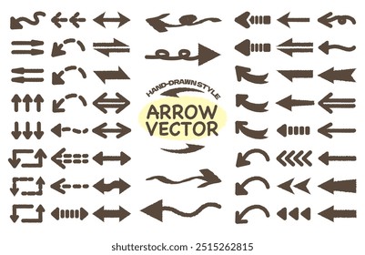 Dibujado a mano variedad de estilo de Vector de flecha. Doodle mega conjunto de flecha de boceto para el Plan de negocios y la educación. Ilustración plana del icono de Yajirushi. Línea, Punto, Ronda, Círculo. Flechas de estilo de dibujos animados. Cepillo.