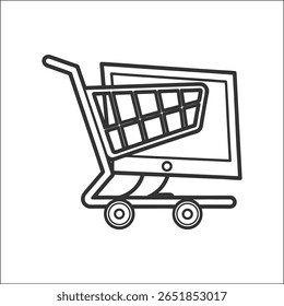 Un ícono de Vector de estilo dibujado a mano de un Carrito de compras en un monitor de computadora. Este esquema gráfico representa el concepto de comercio electrónico, compras en línea y venta minorista digital. 
