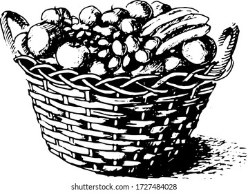 Hand-drawn style vector illustration. Black and white graphic icon. Basket with fruits