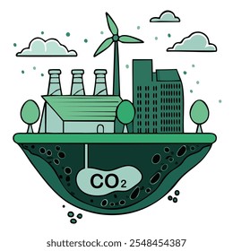 A hand-drawn style vector illustration of carbon capture and trapping, leading to carbon storage underground, showcasing a climate tech solution for reducing CO2 emissions and protecting environment.