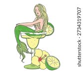Hand-drawn style vector illustration featuring a blonde-haired mermaid relaxing inside a salty-rimmed margarita glass. Decorated with fresh lime slices and hibiscus flowers, perfect for summer drinks, pool parties, or tropical vacation themes.