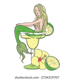 Hand-drawn style vector illustration featuring a blonde-haired mermaid relaxing inside a salty-rimmed margarita glass. Decorated with fresh lime slices and hibiscus flowers, perfect for summer drinks, pool parties, or tropical vacation themes.