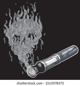 A Hand-drawn Style Vector Illustration Of An Ominous Skull-shaped Cloud Drifting Upward From The End Of A Dark Gray Vape Pen On A Black Background.