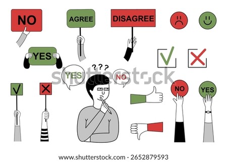 Hand-drawn style vector illustration with people holding signs saying YES, NO, AGREE, DISAGREE. Doodle characters with voting symbols, check marks, thumbs up and down, confused man thinking.