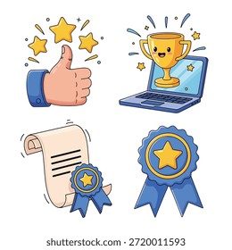 Ilustraciones vectoriales de estilo dibujadas a mano de símbolos de éxito y logros que incluyen un gesto con el pulgar hacia arriba, una computadora portátil con un trofeo, un pergamino de diploma y una insignia de premio azul.