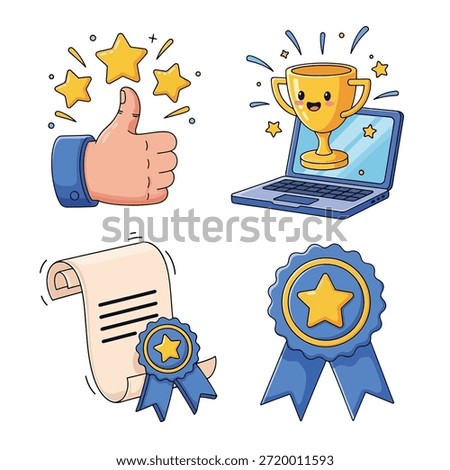 Hand-drawn style vector illustrations of success and achievement symbols including a thumbs-up gesture, a laptop with a trophy, a diploma scroll, and a blue award badge.