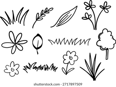 Dibujado a mano estilo Vector Naturaleza Doodles Set con flores, hierba, hojas y bocetos de árboles en el arte de la línea negra.