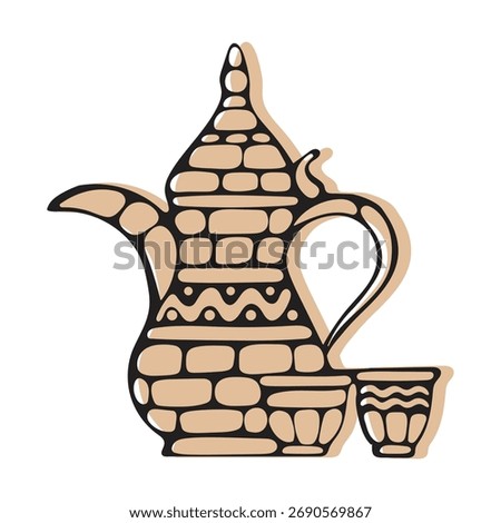 Hand-Drawn Style Vector of Traditional Arabic Coffee Pot (Dallah) and Single Cup (Finjan), Featuring Abstract Middle Eastern Cultural Brick Pattern and Warm Earth Tones