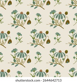 Estilo desenhado à mão vintage padrão de flores com vagens de sementes e folhagem verde silenciada no tom bege. Ideal para o design de papel de parede retro têxtil ou clássico.