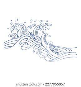 Hand-drawn style wave illustration, watercolor style, ukiyo-e style, Japanese style.