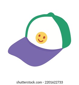 Hand-drawn stylish baseball cap illustration. Cap with smile patch in doodle style