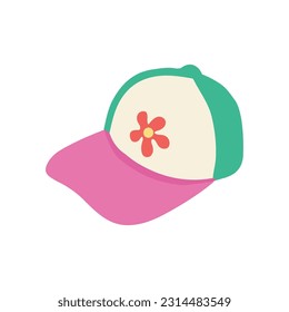 Hand-drawn stylish baseball cap illustration clipart. Cap with groovy hippie flower patch in y2k style