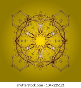 Hand-drawn, stylish doodle in tatto style, fabric design and cards in Vector illustration. Contour yellow, brown and beige mandala shaped snowflakes for art therapy style zen drawing.