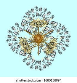 Hand-drawn, stylish doodle in tatto style, fabric design and cards in Vector illustration. Contour golden mandala shaped snowflakes for art therapy style zen drawing.