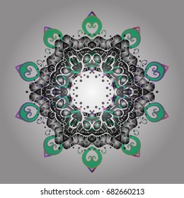 Hand-drawn, stylish doodle in tatto style, fabric design and cards in Vector illustration. Contour mandala shaped snowflakes for art therapy style zen drawing.
