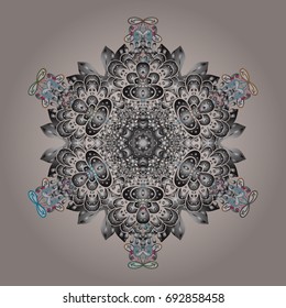 Hand-drawn, stylish doodle in tatto style, fabric design and cards in Vector illustration. Contour mandala shaped snowflakes for art therapy style zen drawing.